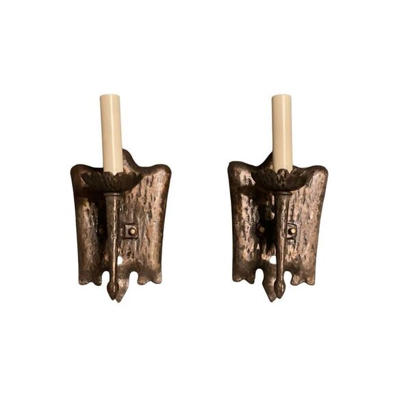 Pair of Antique 1920 Tudor Arts and Crafts Wall Sconce Blackened Cast Iron by Le - Picture 1 of 9